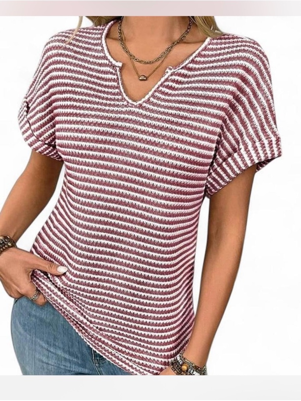 Striped V-Neck Short Sleeve Knit Top